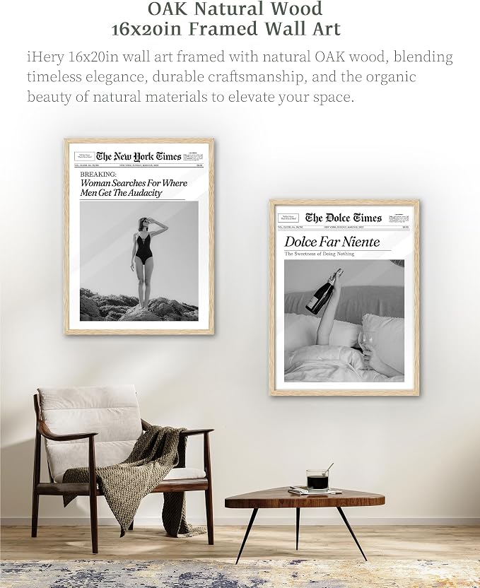 iHery Dolce Far Niente Framed Trendy NewsPaper Wall Art, Natural OAK Wood Large - Image 7