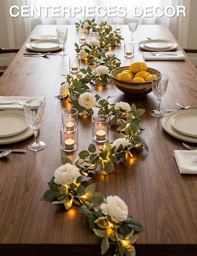 suddus Flower Garland with White Camellia Fairy Lights Indoor, 60 LED Vines - Image 7