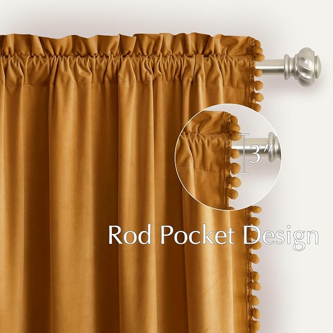 NICETOWN Mustard Gold Pom Pom Velvet Curtains 84" Long - Image 2