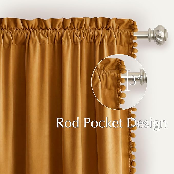 NICETOWN Mustard Gold Pom Pom Velvet Curtains 8 ft Long - Image 5