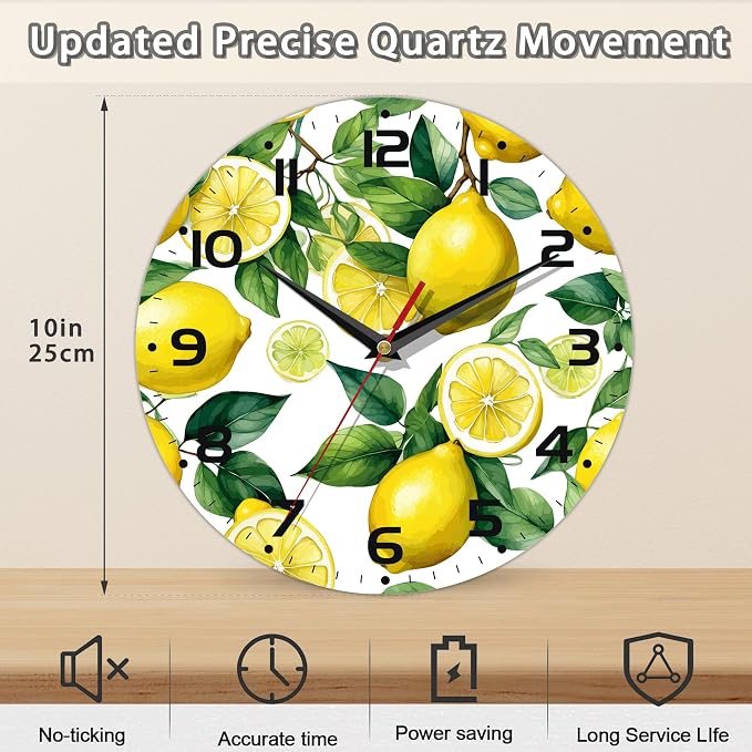 Wall Clock, Watercolor Lemon Wall Clock Silent Non-Ticking Battery Operated - Image 2