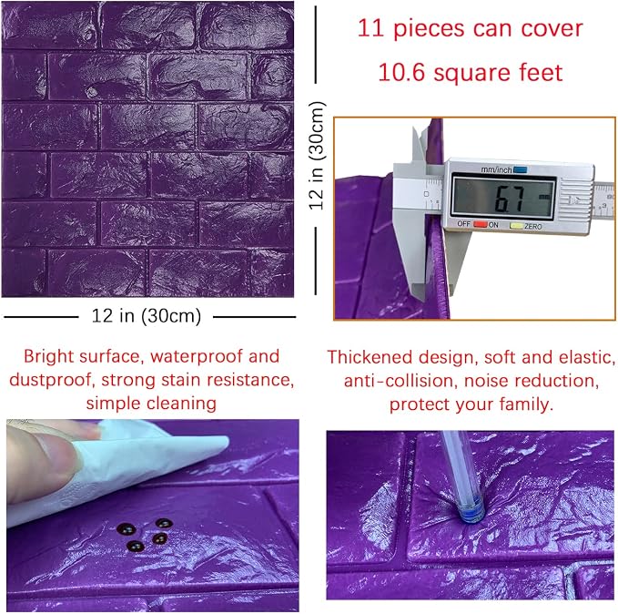 11PCS 3D Wall Panels Peel and Stick Faux Brick Wallpaper Purple Self Adhesive - Image 5