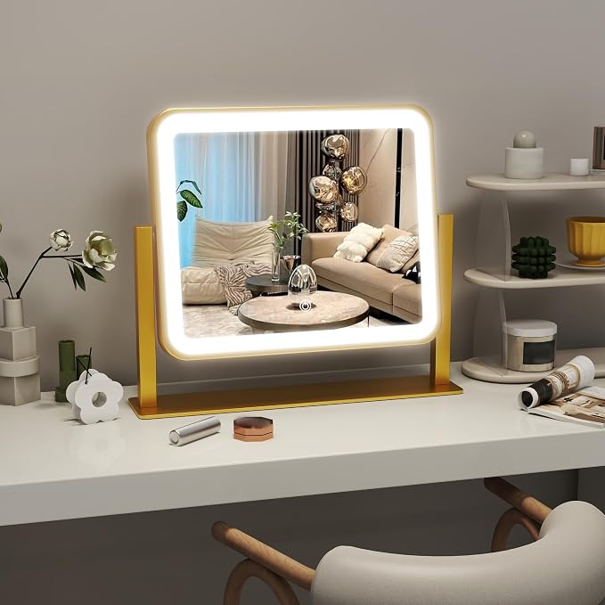 ROLOVE Gold Lighted Makeup Mirror, 3-Color Dimmable Lighting, 360° Rotation - Image 6
