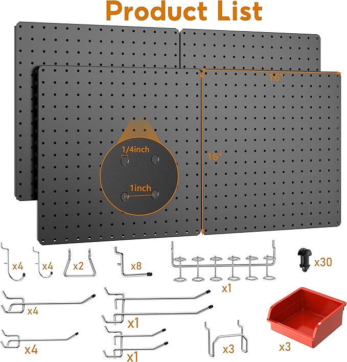 Peg Board, Total 32” x 32”, 4 Pack Black Peg Board Panels, 50lbs Load Capacity - Image 2