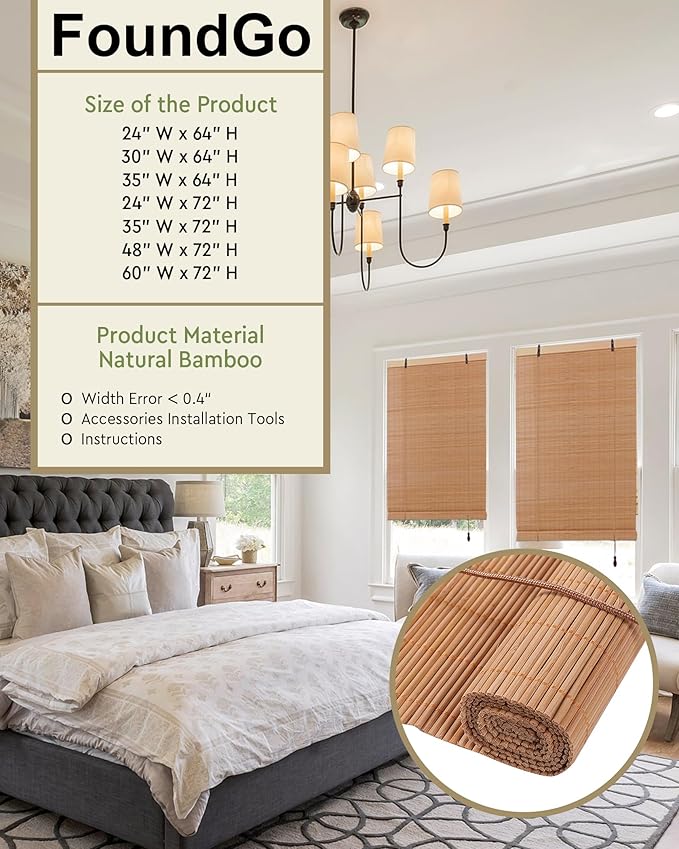 FoundGo Retro Bamboo Blinds 35" W x 72" H Bamboo Roman Shades Light Filtering - Image 4