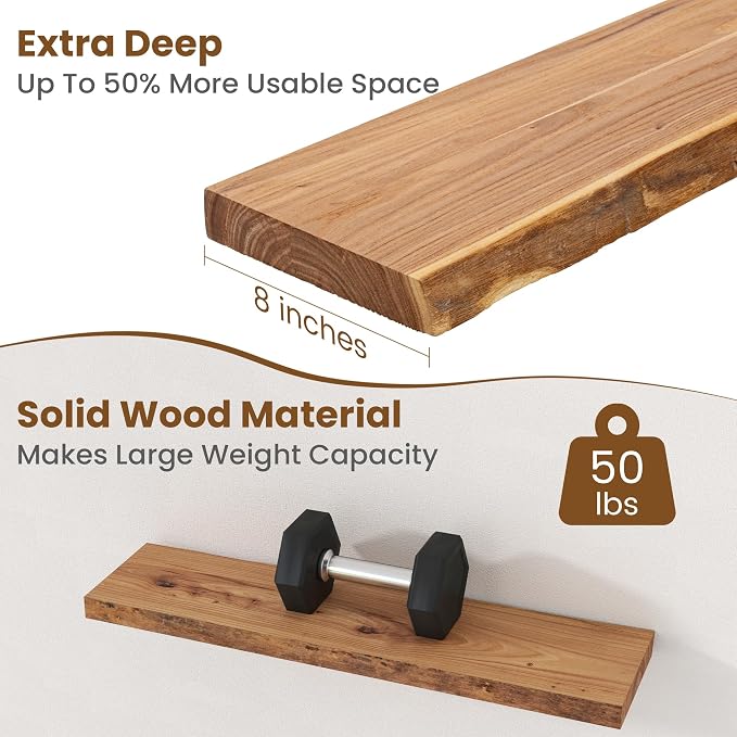 Floating Shelves for Wall Decor, Rustic Solid Elm Wood Live Edge Floating - Image 5
