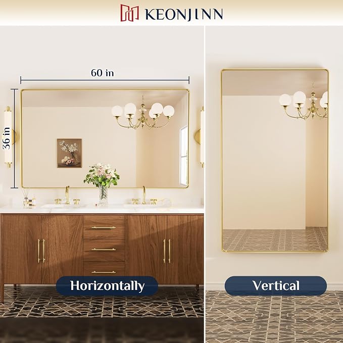 Keonjinn Gold Mirrors for Wall, 60” x 36” Large Brushed Brass Bathroom Mirrors - Image 7