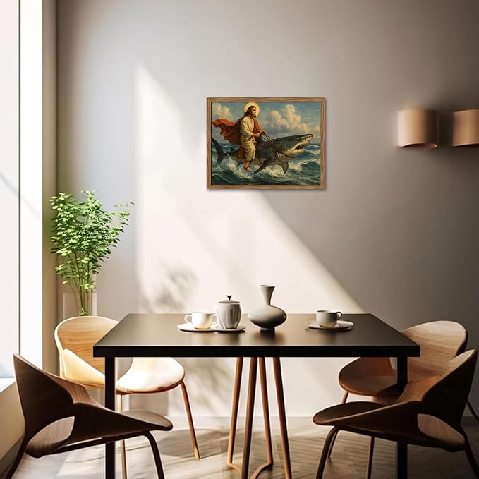 Framed Jesus Riding a Shark Wall Art, Humorous Christian Canvas Print, Fun - Image 6