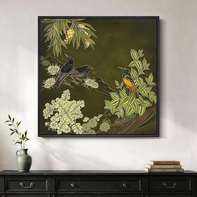 Framed Green Wall Art, Vintage Botanical Flower Bird Nature Canvas Prints by Cuspin