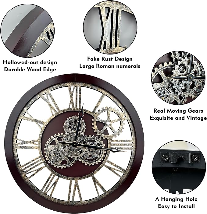 The B-Style Large Wall Clock 24 inch Moving Gear Wall Clock Oversized Vintage - Image 3