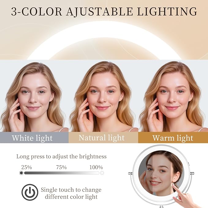 Rocollos Rechargeable Wall Mounted Lighted Makeup Mirror Chrome, 8 Inch - Image 4