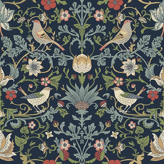 FunStick Navy Blue Floral Wallpaper Peel and Stick Vintage William Morris Green by FunStick