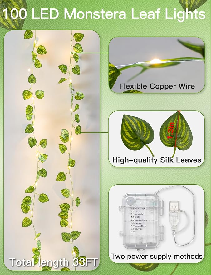 suddus Vines with Fairy Lights Battery & USB Powered Operated, 33ft 100 LED - Image 5