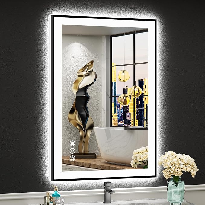 24x36 Black Framed LED Bathroom Mirror by Awandee
