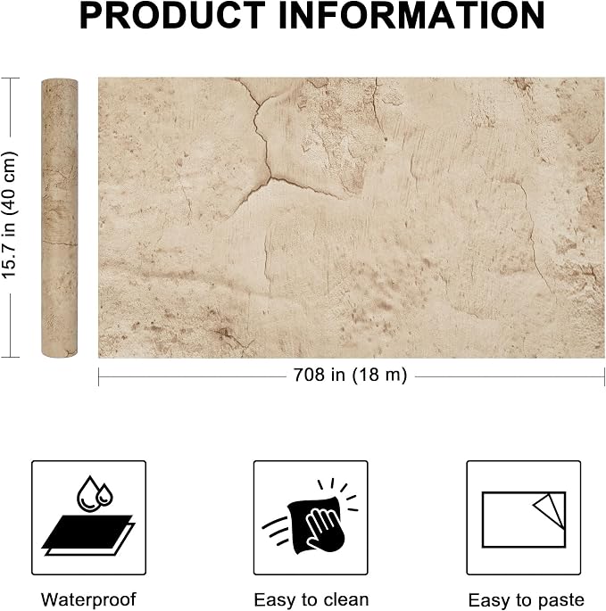 WADILE Beige Concrete Wallpaper 15.7 in * 708 in, Cement Contact Paper 3D Matte - Image 2