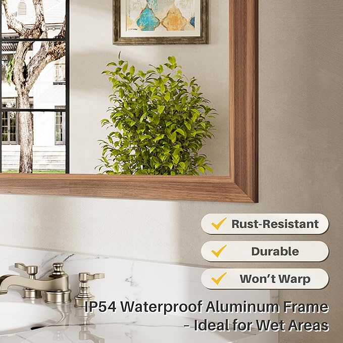 40x36 Inch Bathroom Mirror for Wall, Anti-Rust Walnut Wood Grain Metal Framed - Image 4