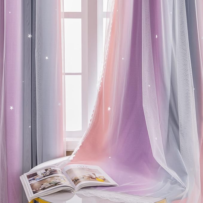 XiDi Curtains for Bedroom Decor, Rainbow GreyPinkPu-52-90 - Image 5