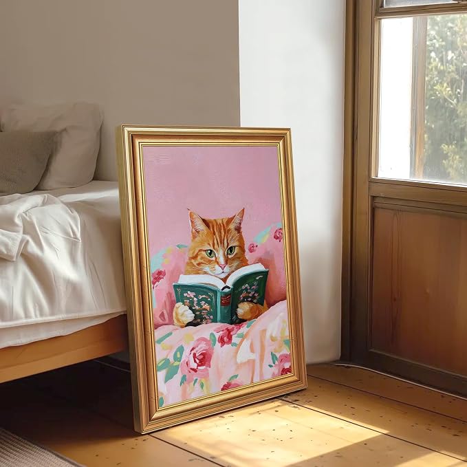 Fantasy Artists Gold Framed Wall Art Prints, Cute Orange Cat Reading a Green - Image 5