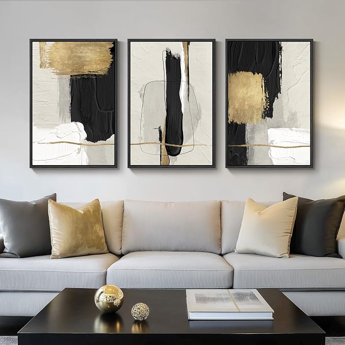 Large Framed Black and White Abstract Wall Art, 3 Piece Modern Canvas Prints by Cuspin