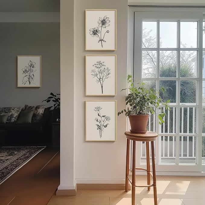 Framed Minimalist Black and White Floral Wall Art, 4 Piece Neutral Rustic - Image 4