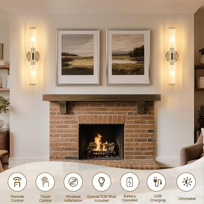 Morauroral Sand Nickel Battery Operated Wall Sconces Set of Two, Rechargeable - Image 3