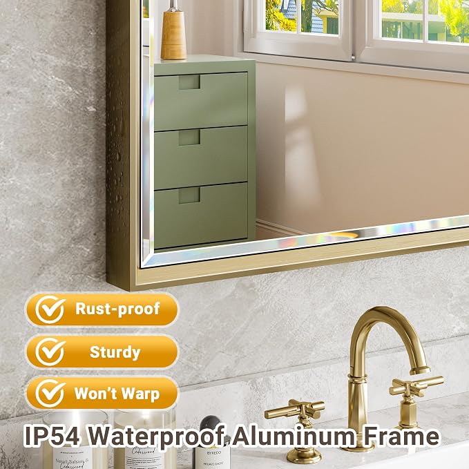 Gold Bathroom Mirror 36x36 Inch Square Beveled Bathroom Vanity Mirror Brushed - Image 4
