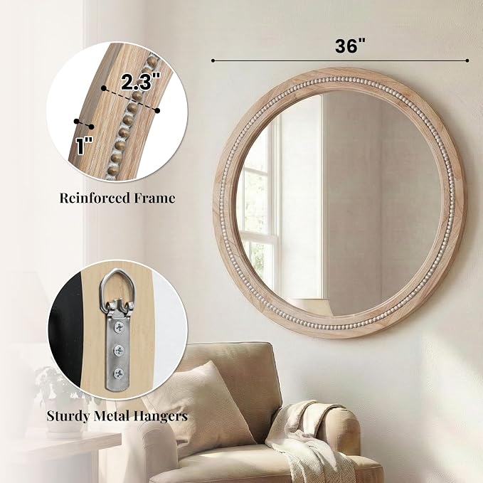 36" Large Round Wood Mirror for Living Room Fireplace, Big Solid Wood Wall - Image 9