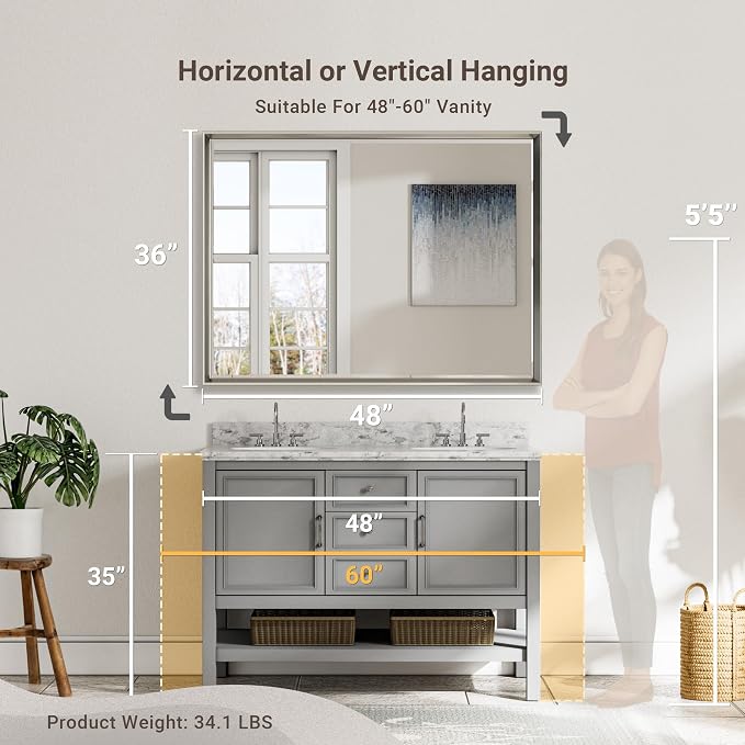 48'' x 36'' Brushed Nickel Framed Beveled Bathroom Mirror, Shatterproof - Image 4