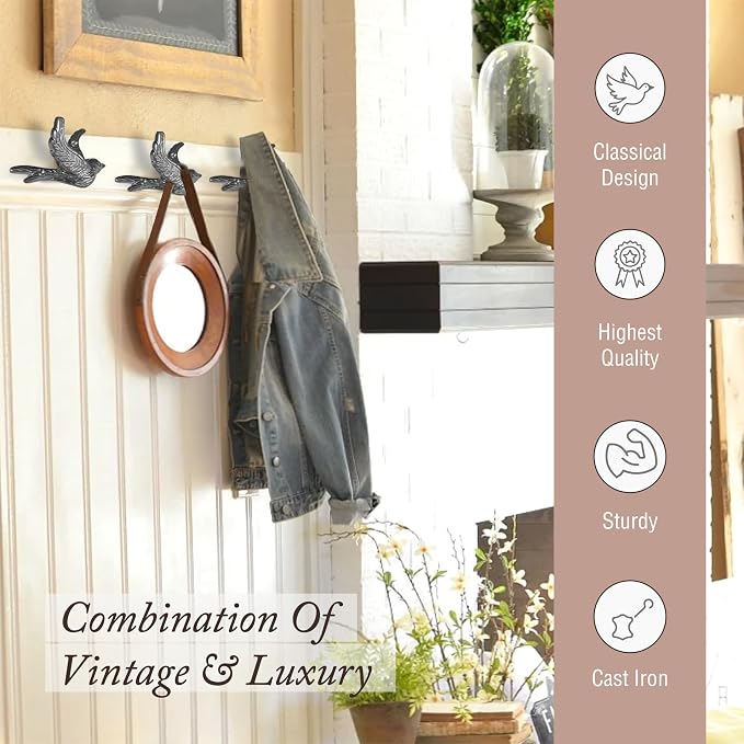 Flying Bird Decorative Wall Hooks Cast Iron, Wall Mounted - Image 9