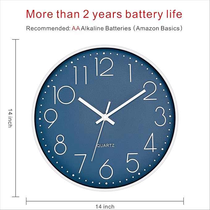Foxtop 14 Inch Wall Clock Silent Non-Ticking Battery Operated Round Quartz - Image 2