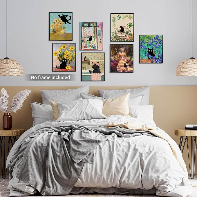 SEHSUVC Funny Black Cat Canvas Wall Art Set of 9, Vintage Van Gogh Black Cat - Image 5