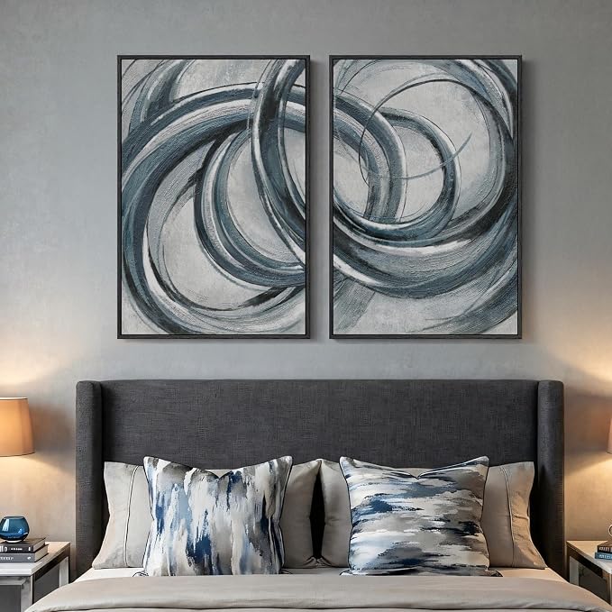 Framed Blue Gray Abstract Wall Art Set of 2, Modern Circle Line Canvas Artwork - Image 8