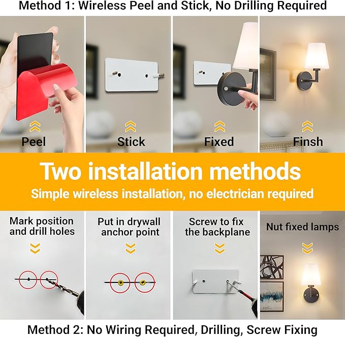 Vimhou Peel and Stick Wall Sconces, Stick On Wall Sconce Set of 2, Battery - Image 3