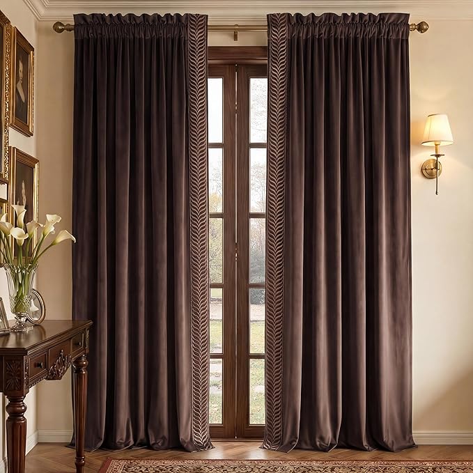 NICETOWN Rod Pocket Embroidered Trim Velvet Curtains, 2 Panels, Velvet Curtains by NICETOWN