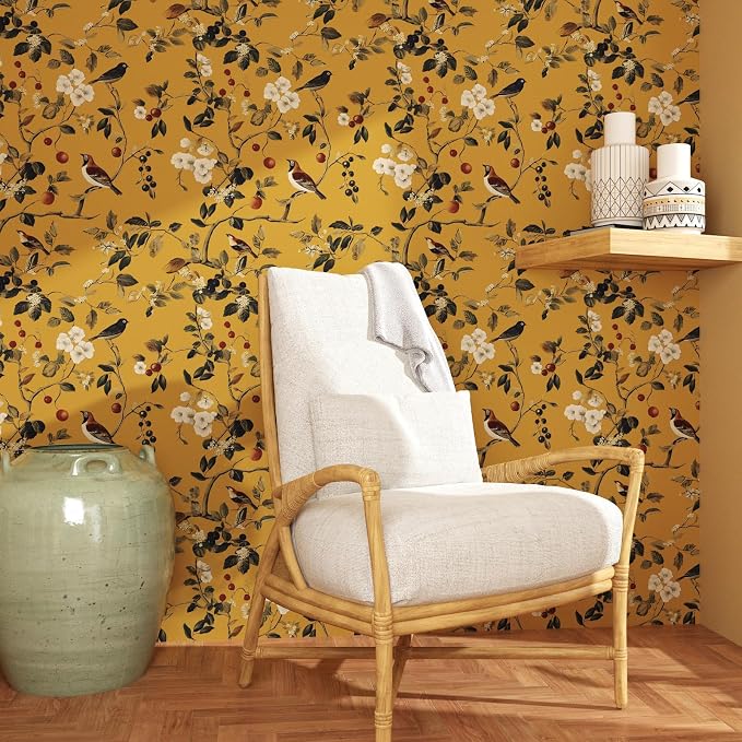 Laatse Vintage Bird Wallpaper 17.5"x393" Yellow Chinoiserie Floral Wallpaper - Image 4