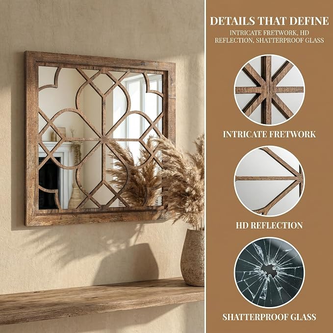 Set of 2 18 Inch Large Square Redbrown Window Pane Wall Mirrors, Shatterproof - Image 4