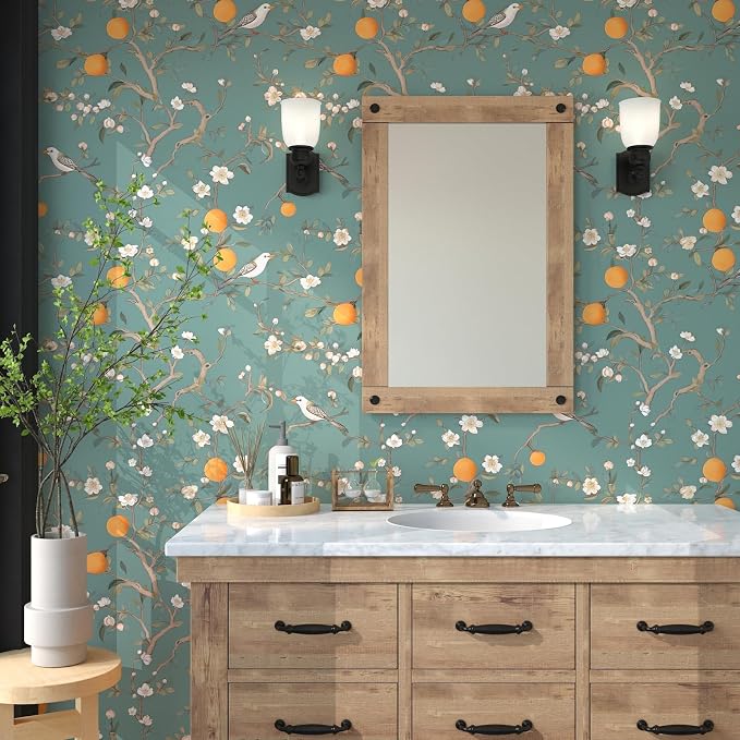 Green Floral Wallpaper Peel and Stick, Birds Contact Paper Orange Fruits - Image 6