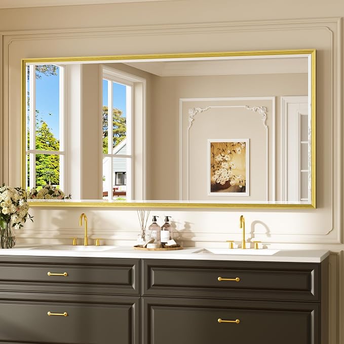 Keonjinn 72" x 36" Gold Bathroom Mirror, Decorative Metal Frame, Safe Beveled by Keonjinn