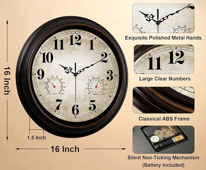 Vintage Wall Clock 16 Inch Quartz Silent Non-Ticking Analog Clock - Image 3
