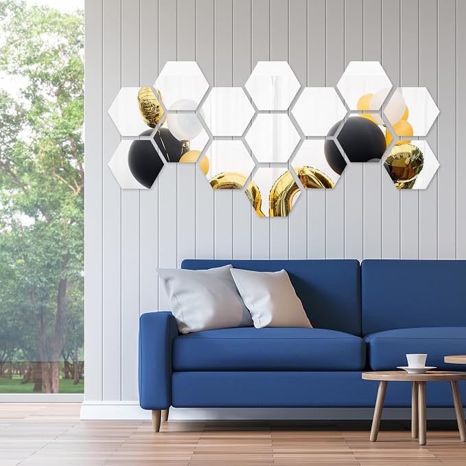 Shappy 32 Pcs Hexagon Mirror Wall Stickers Removable Silver Acrylic Mirror - Image 4