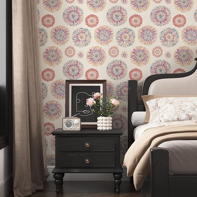 Boho Wallpaper Peel and Stick, Vintage Circle Floral Contact Paper, Abstact - Image 2