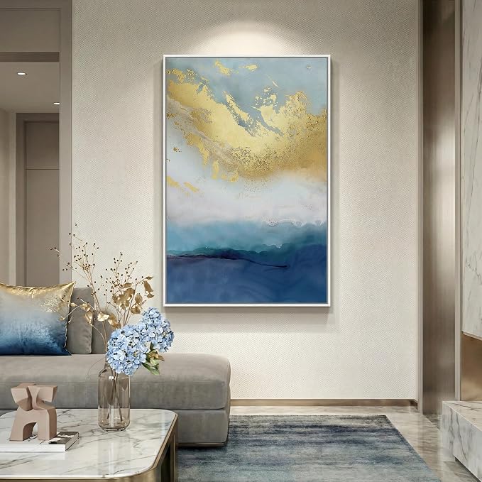 Large Framed Blue Gold Abstract Wall Art, Modern Vertical Canvas Prints - Image 4