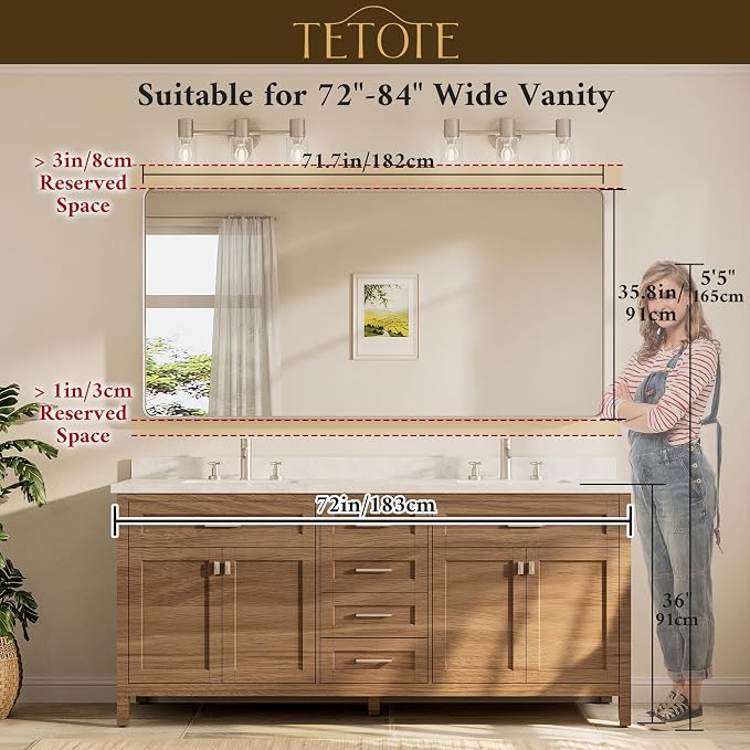 TETOTE 72 x 36 Inch Brushed Nickel Bathroom Mirror - Image 8