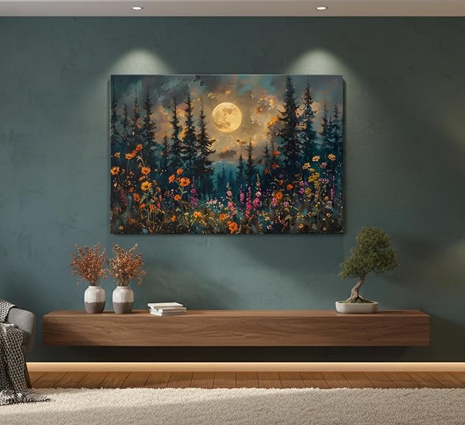 Full Moon Forest Canvas Wall Art Moonlit Pine Tree Mountains and Wildflowers - Image 4
