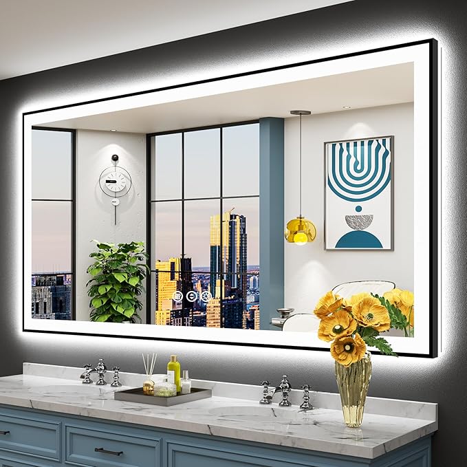 72x40 Black Framed LED Bathroom Mirror by Awandee