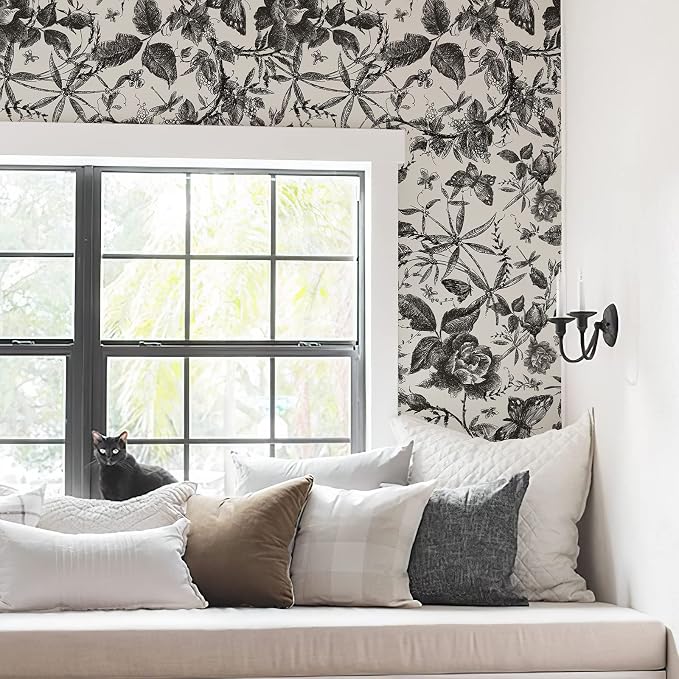 JiffDiff Floral Vintage Wallpaper Peel and Stick Wall Stick Black and White - Image 2