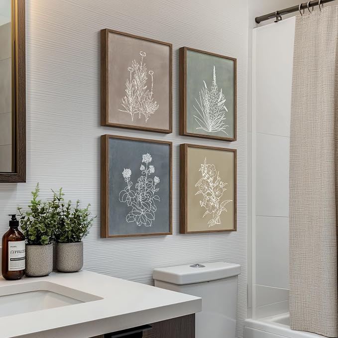 Boho Framed Botanical Wall Art for Bathroom Decor, 4 Piece Rustic Floral Canvas - Image 2