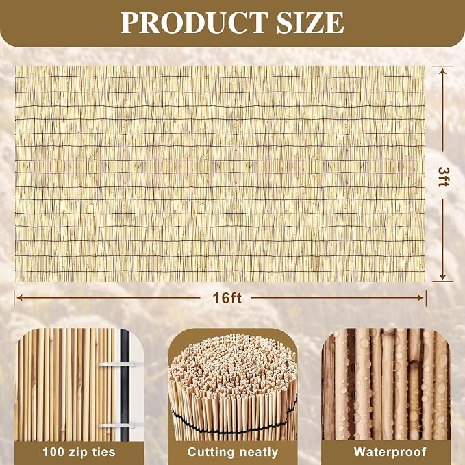 Reed Fencing Rolls, Decorative Bamboo Fencing 3x16FT High Roll Reed Screen - Image 2