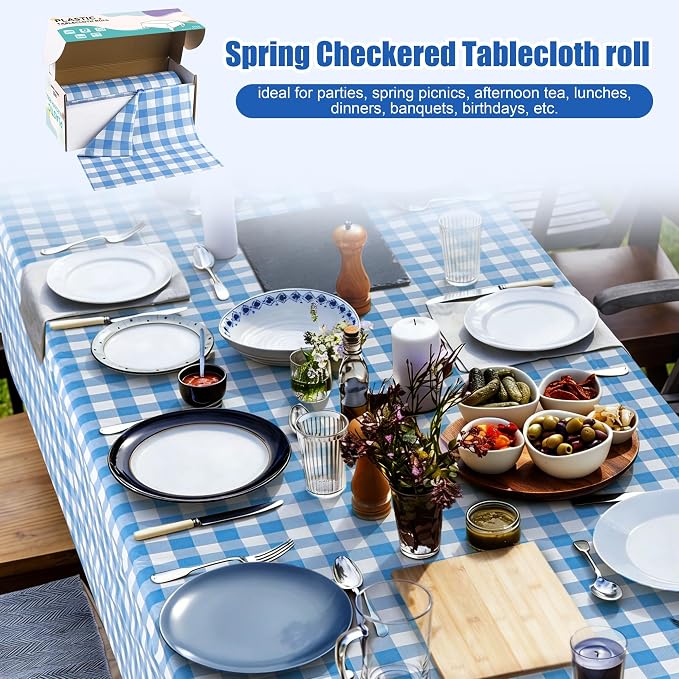 Kochorie 54 Inch x 300 Ft Light Blue Checkered Plastic Table Cloth Roll - Image 5