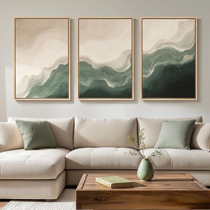 Large Framed Green and Beige Abstract Wall Art Set of 3, Modern Neutral Canvas by Cuspin
